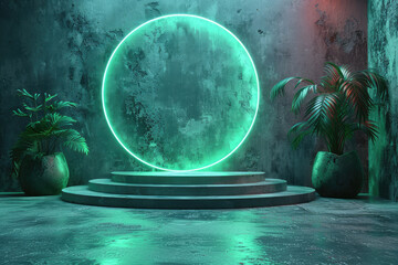 A glowing green circle on the podium, surrounded by plants and misty water in an empty room with concrete walls. Created with Ai
