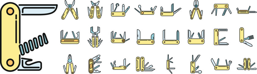 Multitool icons set outline vector. Multifunctional knife. Army blade thin line color flat on white - 787029128