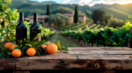 bottles of wine and tangerines on a wooden table in the foreground, vineyards and a farm in the background