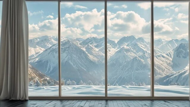 video of snowy mountain views from the window