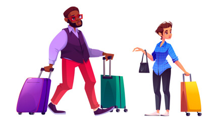 Travel people character with suitcase in trip vector. Young black man and woman person in tour or airplane journey isolated png design set. African human passenger walking with luggage in airport - obrazy, fototapety, plakaty