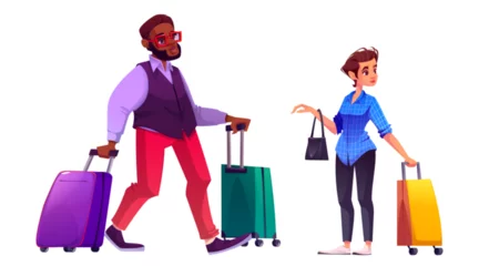 Fototapeten Travel people character with suitcase in trip vector. Young black man and woman person in tour or airplane journey isolated png design set. African human passenger walking with luggage in airport © klyaksun