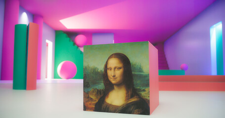 Painting of the Mona Lisa Printed on a Cube and Resting in an Empty Colorful, Abstract,...