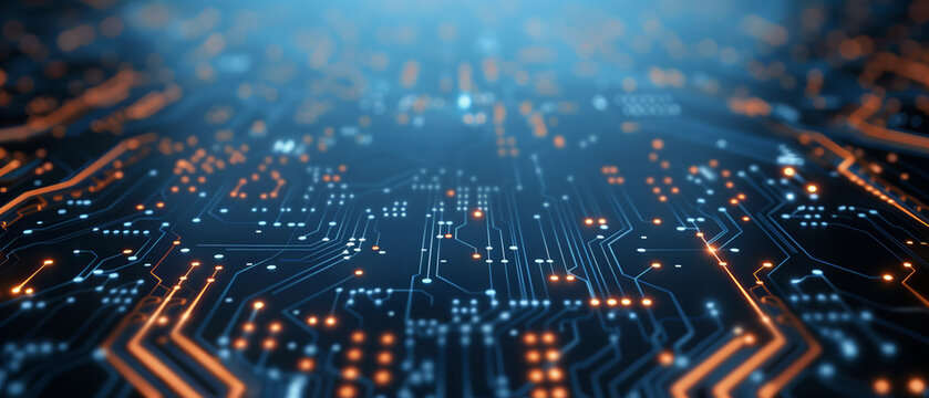 Close-Up of Circuit Board with Glowing Paths: High-Tech Background with Copy Space
