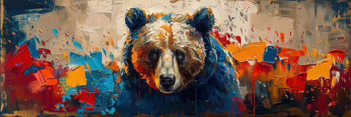 Artistically rendered bear portrait with textured dripping paint effects in a myriad of vibrant colors - obrazy, fototapety, plakaty