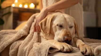 Golden Retriever wrapped in a towel, ideal for pet wellness and care visuals.