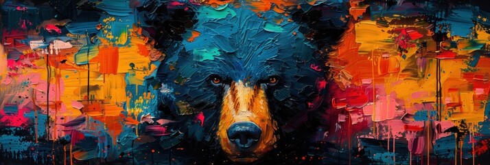 A close-up of a bear's face painted in intense blues and vibrant hues, showcasing the power and depth of the animal's gaze - obrazy, fototapety, plakaty