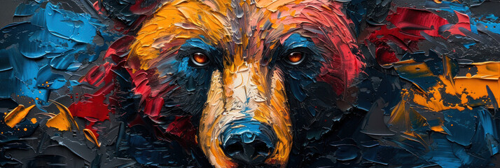 A stunning abstract of a bear's face in cool blue tones accented with pops of contrasting colors to captivate the viewer - obrazy, fototapety, plakaty