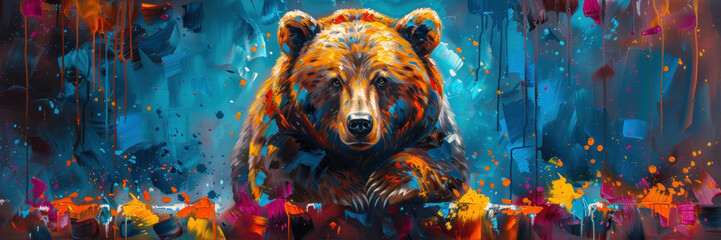 Depicting a tranquil bear at rest with a dreamy blue and orange paint-streaked backdrop, signifying peace - obrazy, fototapety, plakaty