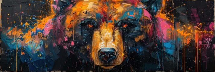 Poster A captivating bear portrait, deeply expressive and painted in a dramatic array of abstract colors, rich in texture and emotion © Oksana