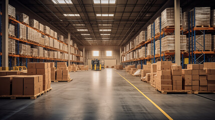 Industrial Warehouse Interior with Rows of Shelves and Pallets