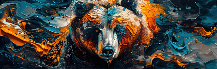 This image features fluid abstract designs that merge with the shape of a bear, in rich warm and cool tones
