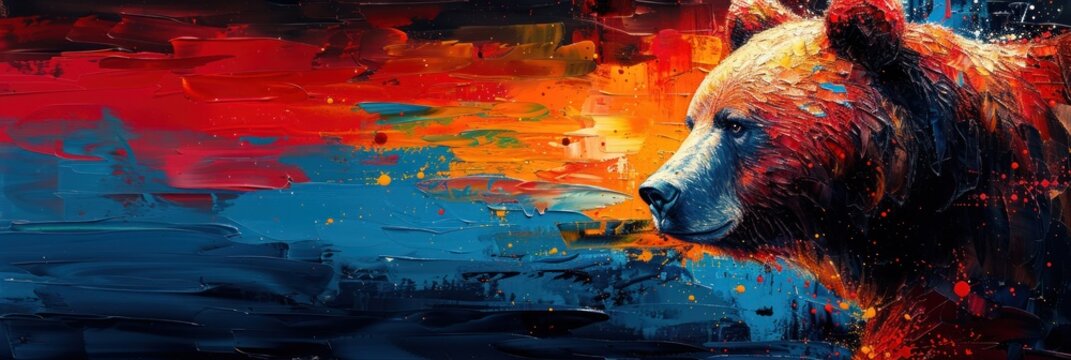 A stunning portrayal of a bear with a mix of red and blue hues accentuated by paint splatters and swirls