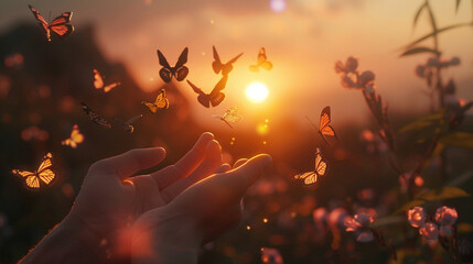 Step into a scene of profound beauty and symbolism as human hands gently release a group of butterflies into the sunset, depicted in a captivating image created by generative AI technology. 