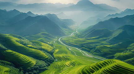 A new weather after a disastrous period day with terraces of varying shades of green and mountain views in the distance. Generative AI.