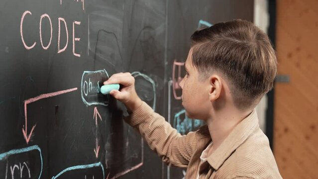 Closeup of smart student or boy writing prompt on blackboard. Child plan project and setting engineering system and brainstorm creative idea wrote on blackboard. Focus on hand. Site view. Erudition.