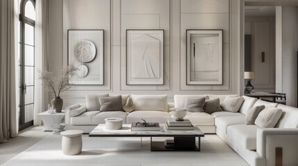 Luxurious living room with elegant white sofa and art pieces, ideal for interior design themes.