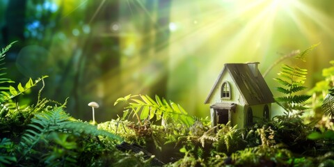 Wooden house in a verdant environment, suited for articles on environmental protection or green architecture. - obrazy, fototapety, plakaty