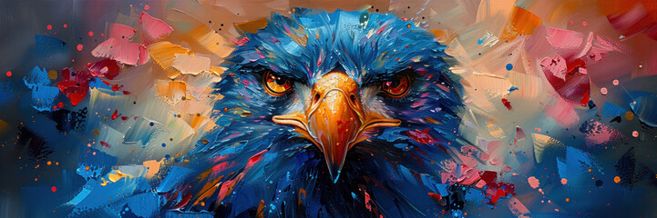 A captivating abstract painting showcasing the intense and focused gaze of an eagle with a blend of vibrant colors and textures - obrazy, fototapety, plakaty