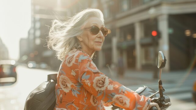 Adventurous older woman on a city ride, great for showcasing zest for life or ageless spirit.