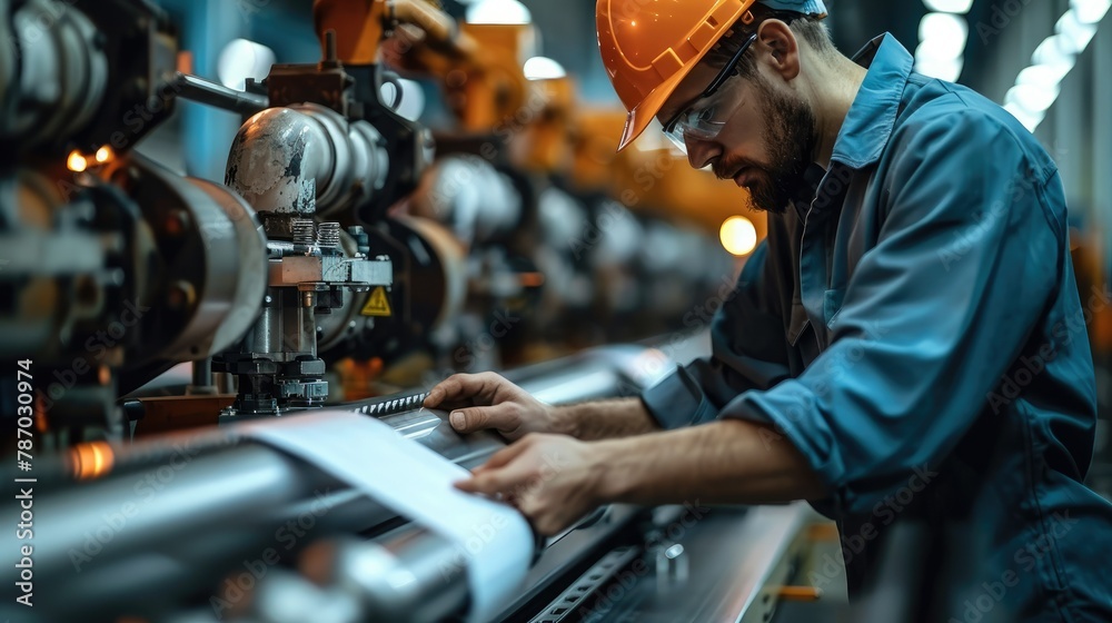Poster worker working with machinery for manufacturing. generative ai.