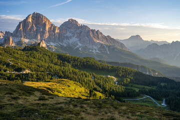 Vibrant colors of sunrise in mountains. Dolomites, Italy.