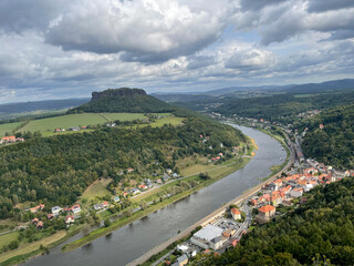 Fototapeta na wymiar Landscape of a river in a European country village