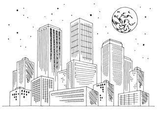 City night graphic black white cityscape skyline sketch illustration vector 