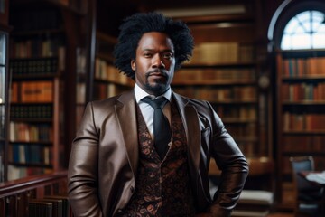 Portrait of a blissful afro-american man in his 40s dressed in a stylish blazer isolated in classic library interior