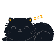 Cute sleeping black cat vector cartoon character isolated on a white background.