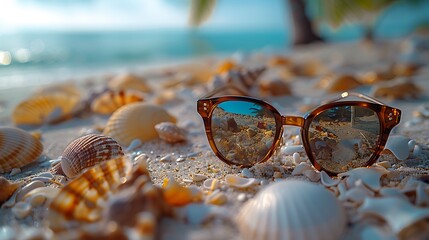 Capture the essence of summer escapades with sunglasses laid casually on a sandy beach blanket,...