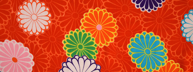 着物の背景、菊の模様の日本の布、着物のフレーム、絹織物