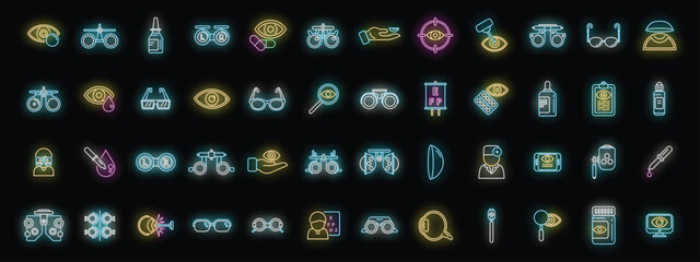 Optometry icons set outline vector. Medical eye. Lasik machine neon color on black