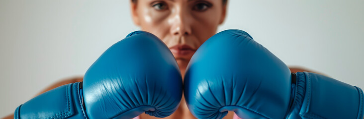 Focused woman in blue boxing gloves, symbolizing empowerment and fight for women's rights, close-up.
