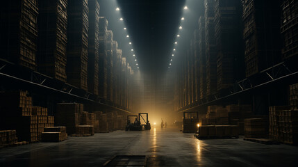 Huge dark industrial warehouse filled with stacked pallets of various goods