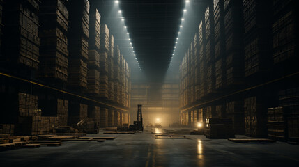 Huge dark industrial warehouse filled with stacked pallets of various goods