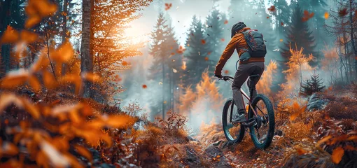 Foto op Plexiglas Man riding a bicycle across extreme forest trails. Generative AI. © visoot