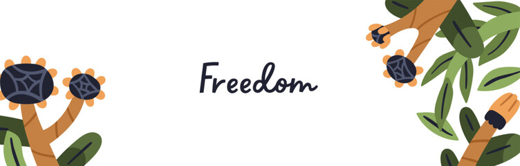 Abstract floral banner design. Modern whimsical flowers, background in primitive naive style. Blossomed blooms, plants, wildflowers, trendy botanical natural backdrop. Flat vector illustration