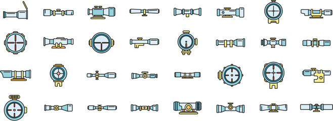 Telescopic sight icons set outline vector. Sniper scope. Target cross thin line color flat on white - 787031798