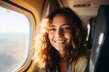 Image generative AI of happy passenger looking out the window sitting on business class luxury plane