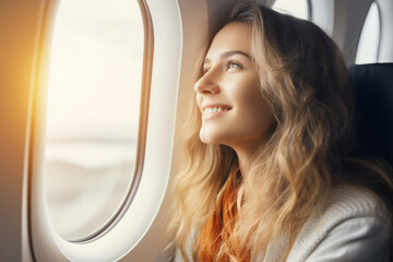A young passenger seat looks out the windows of the airplane created generative AI technology
