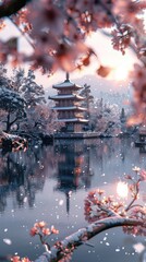 High mountains and lakes, towering pagodas, pink cherry blossom trees