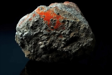 Minium fossil mineral stone. Geological crystalline fossil. Dark background close-up.