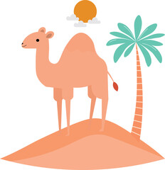 Camel in the desert with sun and sand, illustration