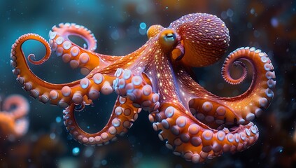 A Cephalopod organism, the giant Pacific octopus, is swimming underwater in the ocean. This marine...