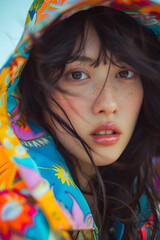 Close up fashion portrait of Cute Japanese girl in colorful jacket
