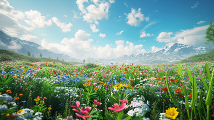 Step into a vision of sustainability with an AI-generated image showcasing a verdant meadow dotted with colorful wildflowers, under a clear blue sky, emphasizing the beauty and resilience of nature. 