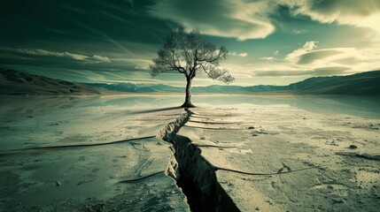 Lone tree in a desolate terrain with a gaping fissure, a powerful metaphor for solitude and the stark reality of environmental degradation - obrazy, fototapety, plakaty