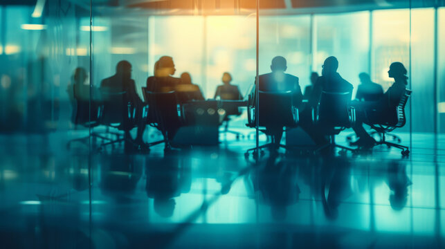 Boardroom, silhouette and meeting with planning, brainstorming and communication for business. Office, conference and discussion for partnership, teamwork and corporate organisation for strategy