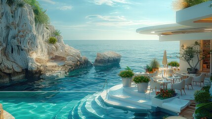 Obraz premium Outdoor cafe overlooking the ocean with an small indoor ice blue pool and warm light. Generative AI.